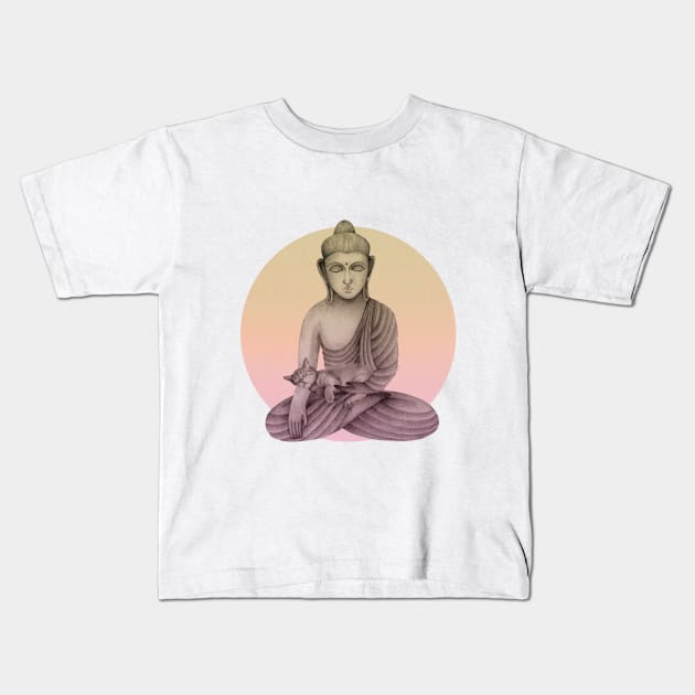 Buddha with cat 5 Kids T-Shirt by KindSpirits